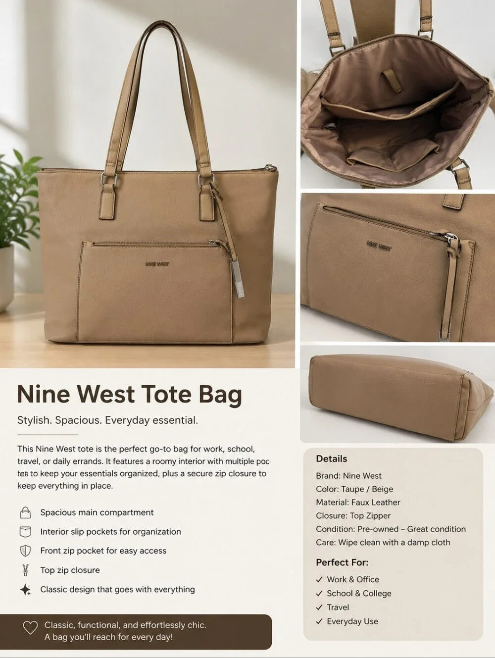 Nine West Taupe/Beige Tote Bag with Front Zip Pocket